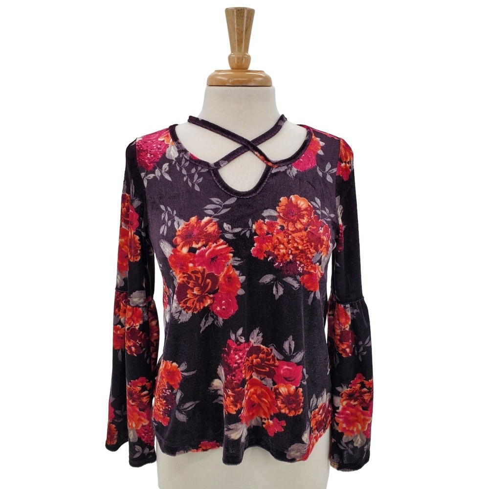 Womens M‎ Velvet Floral Bell Sleeve Top Boho Romantic Crisscross Neck